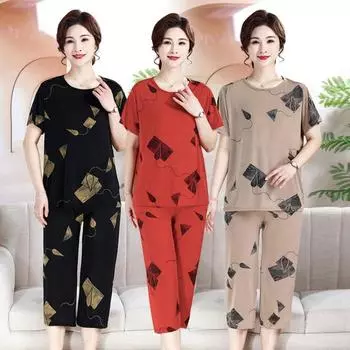 Свободный костюм женский летний повседневный одежда для мам с короткими рукавами укороченные брюки домашний костюм из двух частей женский XXXXXL
