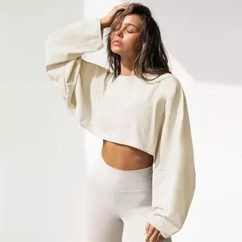 Свободный крой, круглый вырез, укороченный свитер, женская повседневная спортивная рубашка с длинным рукавом, осень-зима, однотонный короткий пуловер S чёрный