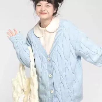 Свободный крой, новая верхняя одежда, повседневный вязаный кардиган, осень-зима, весна и осень, свитер, ленивый, синий, с V-образным вырезом, колледж one size белый