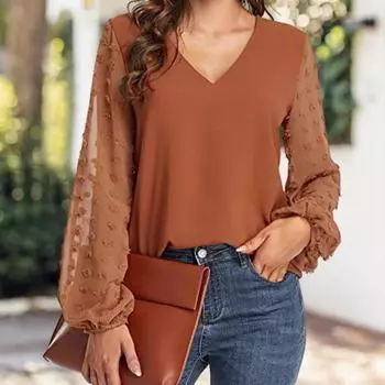 Свободный крой с V-образным вырезом, однотонная повседневная блузка, жаккардовый шифоновый топ с длинными рукавами XL вино красного