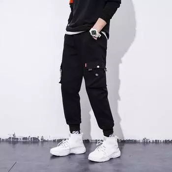 Свободный крой с завязками на завязках, карманы-шаровары с клапанами, мужские брюки-карго, классический дизайн, многофункциональные брюки, большие размеры S чёрный