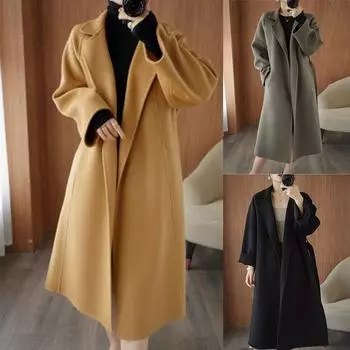 Свободный крой шерстяное пальто Женское длинное до колена куртка осень-зима Новое поступление теплая ветровка M чёрный