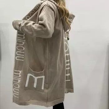 Свободный крой уличная надпись с капюшоном трикотажный женский модный холодостойкий кардиган свитер куртка большого размера XL чёрный