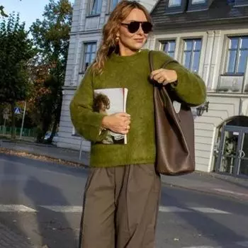 Свободный круглый вырез мохеровый вязаный свитер женский повседневный длинный рукав пуловер осень зима зеленый теплый женский трикотаж S зелёный