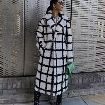 Свободный лацкан из овечьей шерсти в крупную клетку контрастное пальто модный тренд тяжелая промышленность темперамент длинное пальто S