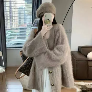 Свободный мохеровый свитер с v-образным вырезом, пальто-кардиган для женщин на осень и зиму, корейский стиль, нежный ветерок, винтажный трикотаж, топ-свитер One Size верблюд