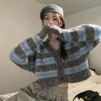 Свободный мягкий клейкий женский вязаный кардиган с v-образным вырезом в контрастную полоску 2023, осень/зима 2023, кардиган с v-образным вырезом, короткий женский свитер One Size чёрный