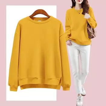 Свободный однотонный бархатный свитер 410 г: Круглый вырез, корейский стиль, женский длинный рукав, толстый разрезной свитер. XXXL жёлтый
