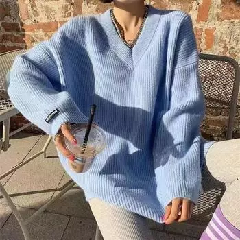 Свободный однотонный цветной лейбл в длинной секции свитер осень и зима V-образный вырез толстый иглой длинный рукав трикотажный свитер для женщин one size неоновый жёлтый