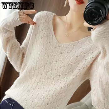 Свободный однотонный вязаный свитер с v-образным вырезом, женский тонкий весенне-осенний ажурный низ с длинными рукавами, модная верхняя одежда, топ S белый