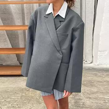 Свободный пиджак с боковыми разрезами, женские лацканы, скрытые пряжки, длинный рукав, пиджак, осенняя женская уличная одежда 2024 года S серый