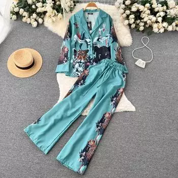 Свободный пиджак в европейском и американском стиле с принтом «ленивый ветер» и прямые широкие повседневные брюки, женский комплект из двух предметов