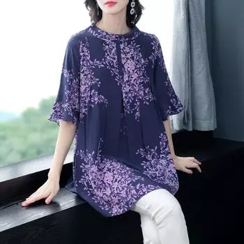 Свободный плиссированный лотос лист рукав тонкий рубашка женские короткие рукава большого размера средний длинный шифон пуловер блузка женщины весна 2020