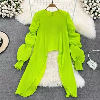 Свободный плиссированный шифоновый топ средней длины с пышными рукавами и длинными рукавами в стиле ретро, с круглым вырезом и нерегулярной плиссировкой One Size зелёный