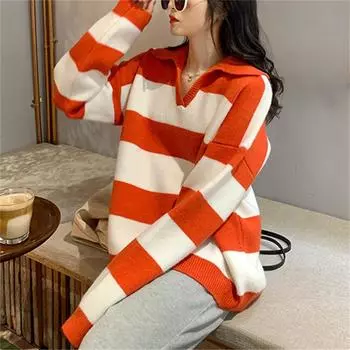 Свободный полосатый свитер для женщин, осень и зима, новый дизайн, японский вязаный свитер с воротником-поло one size fits all чёрный