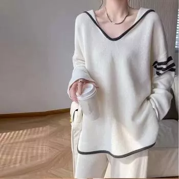 Свободный полосатый вязаный свитер, пуловер, женский осенне-зимний топ с капюшоном, свитер с длинными рукавами, пуловер, женские топы