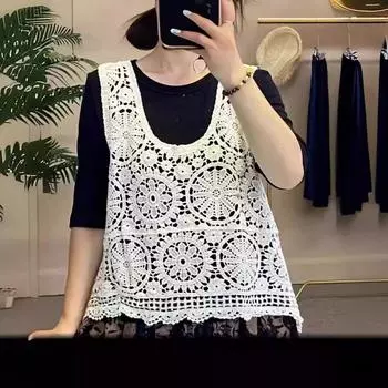 Свободный полый пуловер жилет жилет летний литературный ретро женская одежда хлопок и лен трикотажный жилет без рукавов топ тонкий One size белый