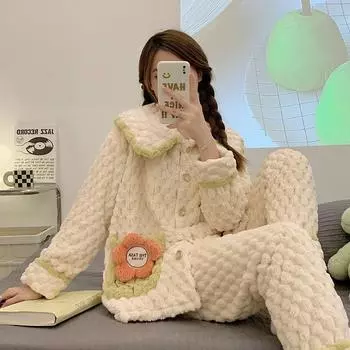 Свободный повседневный кардиган, брюки, комплект из двух предметов, домашняя одежда, зимняя плюшевая плотная ночная рубашка, милый милый пижамный комплект, теплая одежда для сна из кораллового флиса M