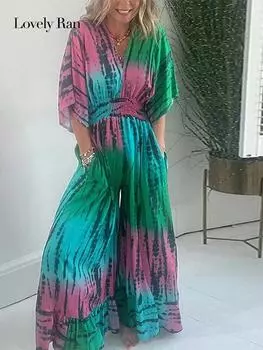 Свободный повседневный комбинезон с принтом, женский комбинезон с широкими штанинами и высокой талией, v-образным вырезом, женский комбинезон 2023, летний модный комбинезон с карманами, женская одежда S