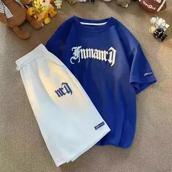 Свободный повседневный костюм для бега в вафельном стиле, мужская свободная корейская футболка с коротким рукавом, спортивные шорты, летние мужские комплекты с буквенным принтом M