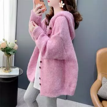 Свободный повседневный однотонный свитер с капюшоном для женщин, осень и зима 2024, новый однотонный вязаный кардиган S розовый
