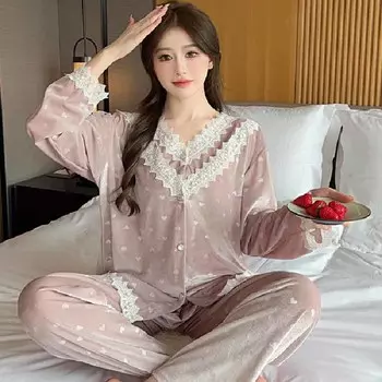 Свободный повседневный пижамный комплект, женственная пижама с V-образным вырезом и кружевной отделкой, осенне-зимняя новая домашняя бархатная пижама M