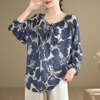 Свободный повседневный универсальный топ с принтом в горошек и рукавами три четверти для похудения, закрывающий живот, художественная женская рубашка M