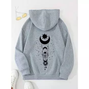 Свободный принтованный свитшот с капюшоном для женщин с длинным рукавом и карманом-кенгуру, повседневный спортивный пуловер S