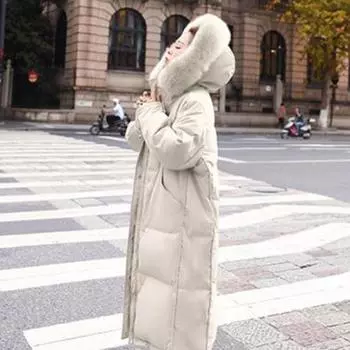 Свободный пуховик с роговой пряжкой, белый утиный пух, большой меховой воротник, женский, средний и длинный, выше колена 2024 года, утолщенная куртка из хлеба на осень и зиму S бежевый