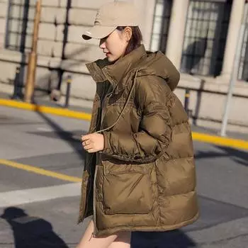 Свободный пуховик женская одежда средняя и длинная модная универсальная утолщенная теплая белая утиная пуховая зимняя куртка S size 90-60kg темно-коричневого