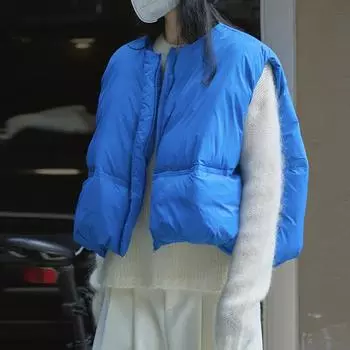 Свободный пуховый жилет женский 2024 зима новый модный круглый вырез силуэт теплый без рукавов тыквенный жилет прилив one size fits all