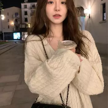 Свободный пуловер в стиле ретро, женский пуловер с v-образным вырезом, женский мягкий восковой милый верхний трикотажный свитер, женский One Size бежевый