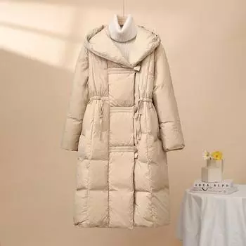 Свободный ретро литературный пуховик женский зима 2024 новый теплый капюшон с поясом на талии большой размер утолщенное пальто S