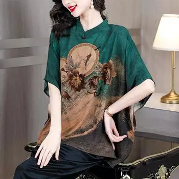 Свободный шелковый топ больших размеров для женщин, летняя блузка и рубашка для мам, зеленый принт в винтажном стиле L