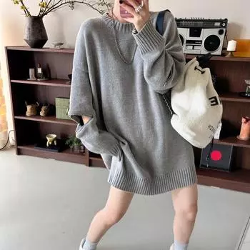 Свободный шерстяной свитер средней длины с нишей на молнии и длинными рукавами для женщин, пуловер с круглым вырезом и нишей, топ-свитер One Size чёрный