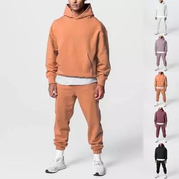 Свободный спортивный и фитнес-костюм для мужчин, модная повседневная толстовка с капюшоном и брюки, комплект из двух частей из хлопка L чёрный