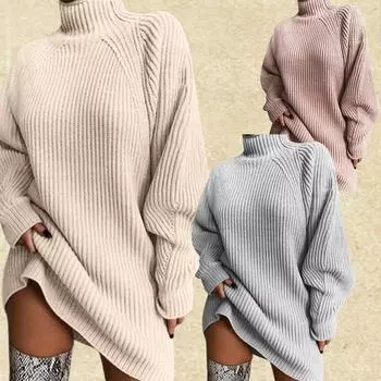 Свободный стиль свитер платье теплое платье свитер с высоким воротником стильное теплое женское свитер платье свободного кроя с высоким воротником для осени и зимы S абрикосовый