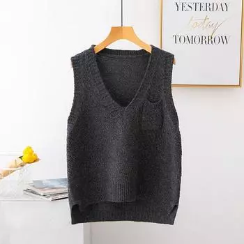 Свободный свитер без рукавов с v-образным вырезом, жилет, женский карманный декор, сплошной цвет, простой вязаный свитер, жилет, женский весенний One Size серый