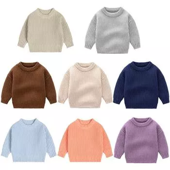 Свободный свитер для малышей на осень и зиму, однотонный вязаный пуловер с круглым вырезом, топ 73
