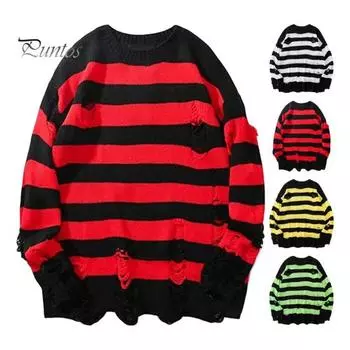 Свободный свитер для пар с длинными рукавами, полосатый свитер контрастного цвета с круглым вырезом, термостойкий свитер в стиле хип-хоп с круглым вырезом, осенний свитер, повседневная одежда 3XL черный белый