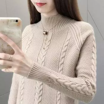 Свободный свитер из жареного теста с переплетениями, полувысокий ворот, утолщенный, теплый, под низом, женский вязаный свитер S