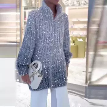 Свободный свитер-куртка с воротником-стойкой в европейском и американском стиле с пайетками для женщин 2023 года — уютный, толстый кардиган Extra Small серый