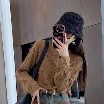 Свободный свитер, пуловер, ажурный вязаный женский свободный свитер для похудения, короткий однотонный свитер с круглым вырезом и кондиционером, женский пуловер