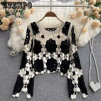 Свободный свитер с длинными рукавами и цветком на крючках, женская летняя тонкая футболка с круглым вырезом, топ one size чёрный