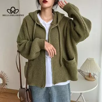 Свободный свитер с капюшоном, кардиган, пальто, женский осенне-зимний новый модный свитер в стиле ретро в ленивом стиле one size зелёный