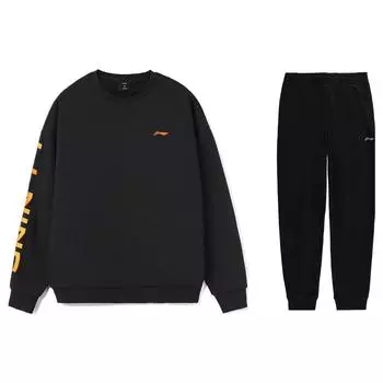 Свободный свитер с круглым вырезом и принтом логотипа Li Ning, теплые флисовые спортивные штаны с длинными рукавами и манжетами, комплект с капюшоном для мужчин, черный AWDSD23-3+AKLSC99-1 S