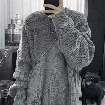 Свободный свитер с круглым вырезом в японском стиле в стиле ретро для мальчиков - однотонный, модный стиль осень/зима M темно-серого