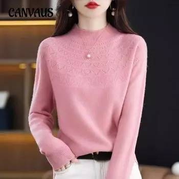 Свободный свитер с полувысоким воротом и половинным цветком для женщин на осень и зиму M розовый