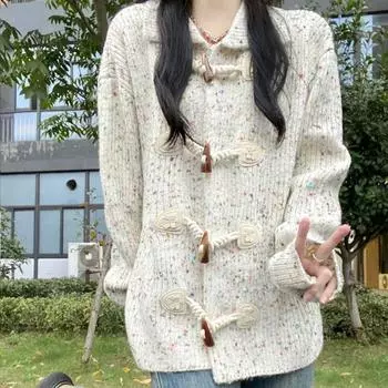 Свободный свитер с пуговицами из коровьего рога и лацканами, женский весенний кардиган высокого качества, вязаный свитер с длинными рукавами, женский топ