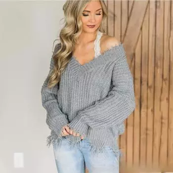 Свободный свитер с V-образным вырезом и открытыми плечами, асимметричный узор с кисточками, женский короткий пуловер, толстый теплый трикотаж, осень и зима S жёлтый